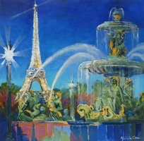 Michele CARER - peintre - toile - Eiffel Tower and fountain of the seas in Place de la Concorde in Paris
