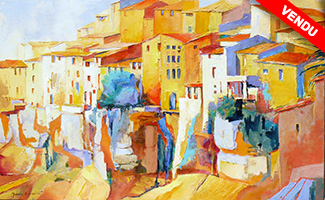 Michele CARER - peintre - toile - Le village haut perch au-dessus de la roche escarpe